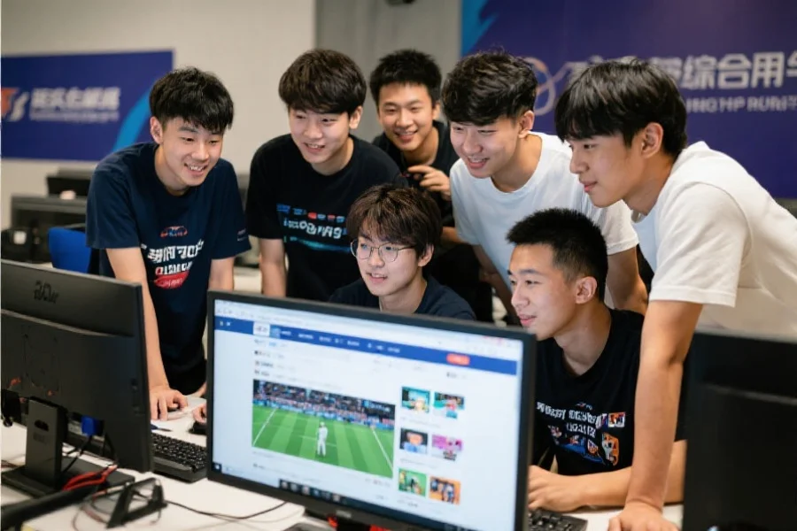 一群新人用户围在电脑前，聚精会神浏览体育综合平台的各种赛事与社区互动版块，氛围热烈而友好